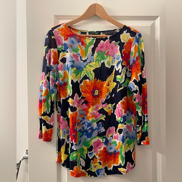 Ralph Lauren Tops - Ralph Lauren Black Floral Top with Bright Multicolor Blooms 100% Linen